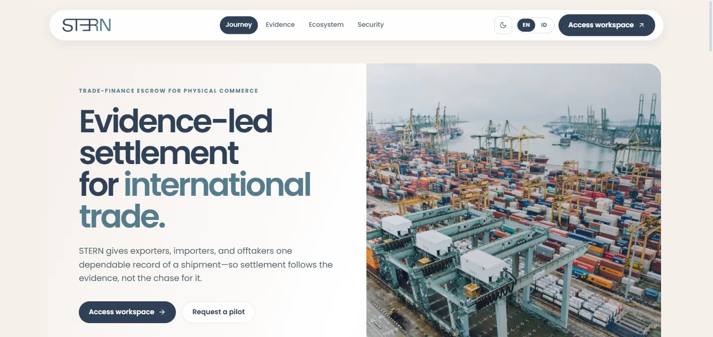 STERN Protocol public landing page introducing its export-import escrow prototype.